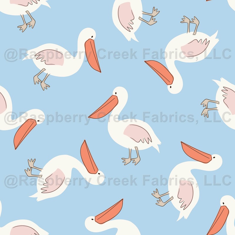 Summer pelicans tossed on light blue