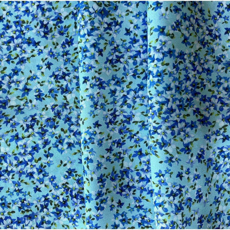 Sweet Starflowers on Aqua Silk Crepe de Chine (Made in Italy)