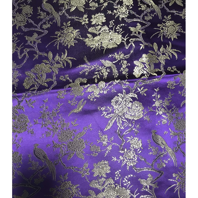 Purple & Gold Birds Floral - Faux Silk Brocade Fabric 18"x23" Remnant