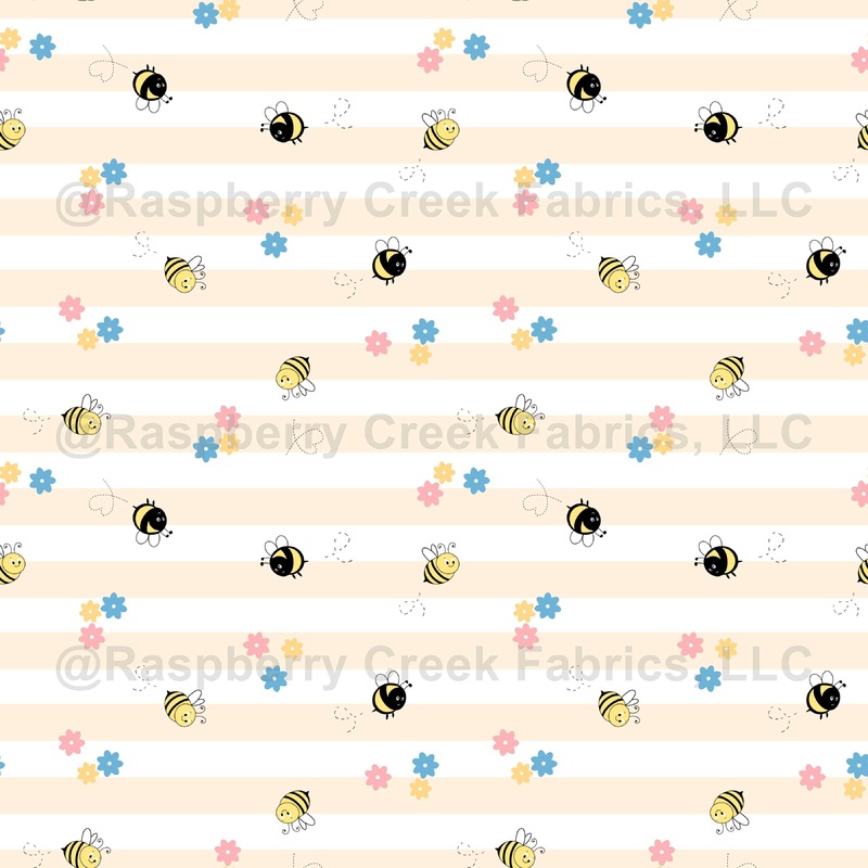Sweet Bee & Floral Stripe Design In Soft Pastel Peach Pink And Yellow