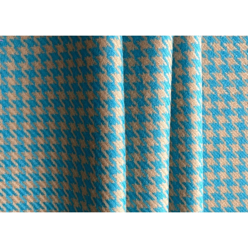 Turquoise Blue & Camel Hounds-Tooth Virgin Wool Twill (Made in Italy)