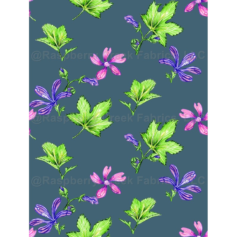 Purple flowers pattern. Brunch of wild mallow with green leaves on the plain color background