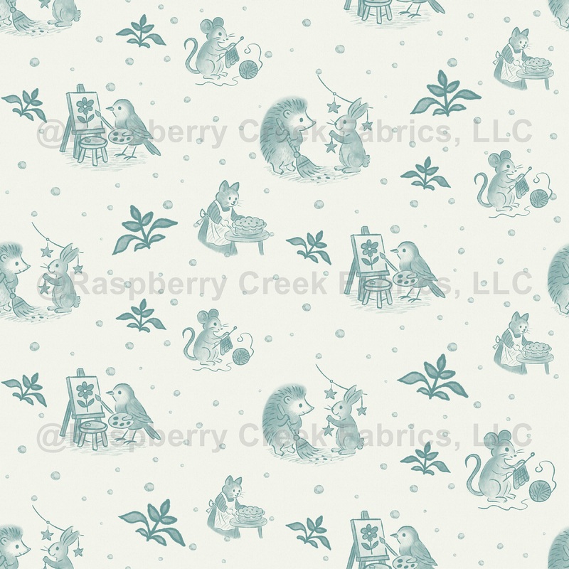 Cute & Whimsical Woodland Animals | Tossed Pattern Animal Toile Vignettes in Muted Teal Aqua Seafoam on Cream Ivory | Storybook Critters Collection by Brayberry Design