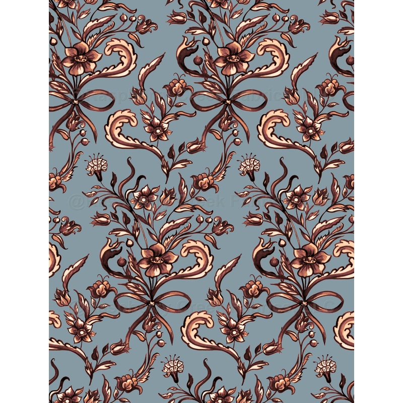 A hand-painted floral pattern inspired by traditional Portuguese azulejos. Red brass motifs on the tapestry color background