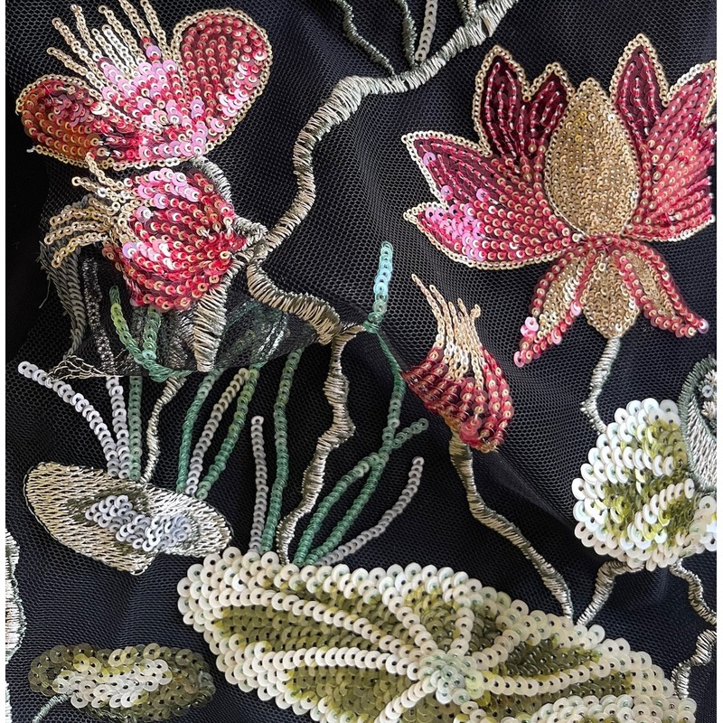 Sequined & Embroidered Lily Pads Black Tulle (Made in Korea)