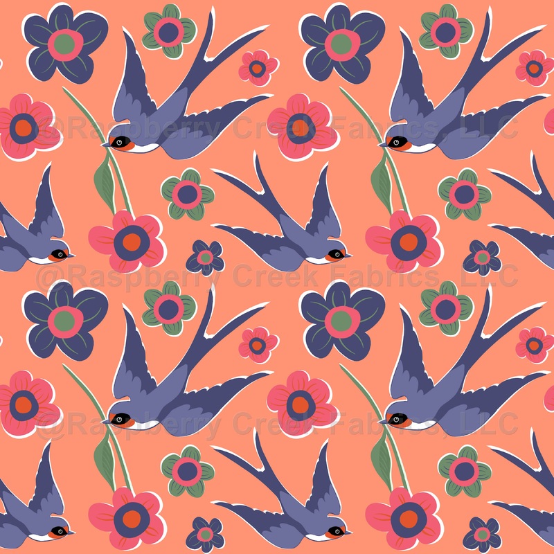 Swallow bird with flowers on orange - medium