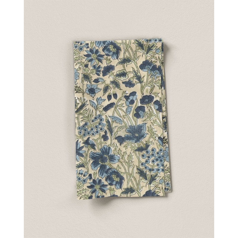 Blue and Cream Floral Block Print Cotton - 1 .5 Yard Remnant