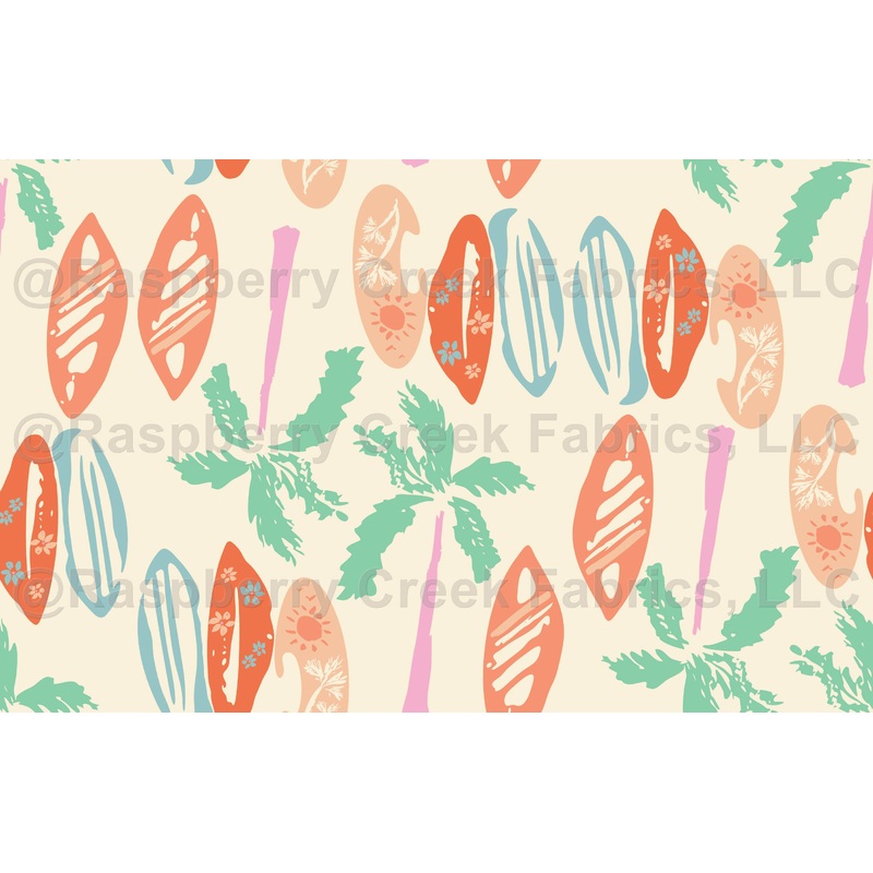Surfboards and Palm Trees in Coral Aqua Pink and Seafoam Green on Cream