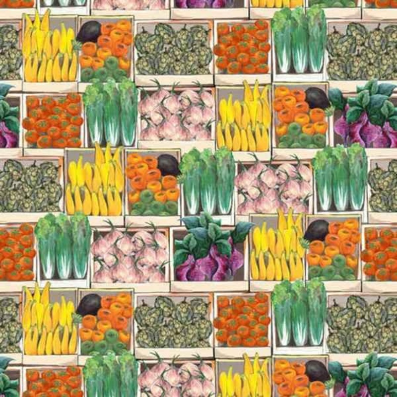 Vegetable Fabric, Blissful Bounty, Veggies in Crates, Digital