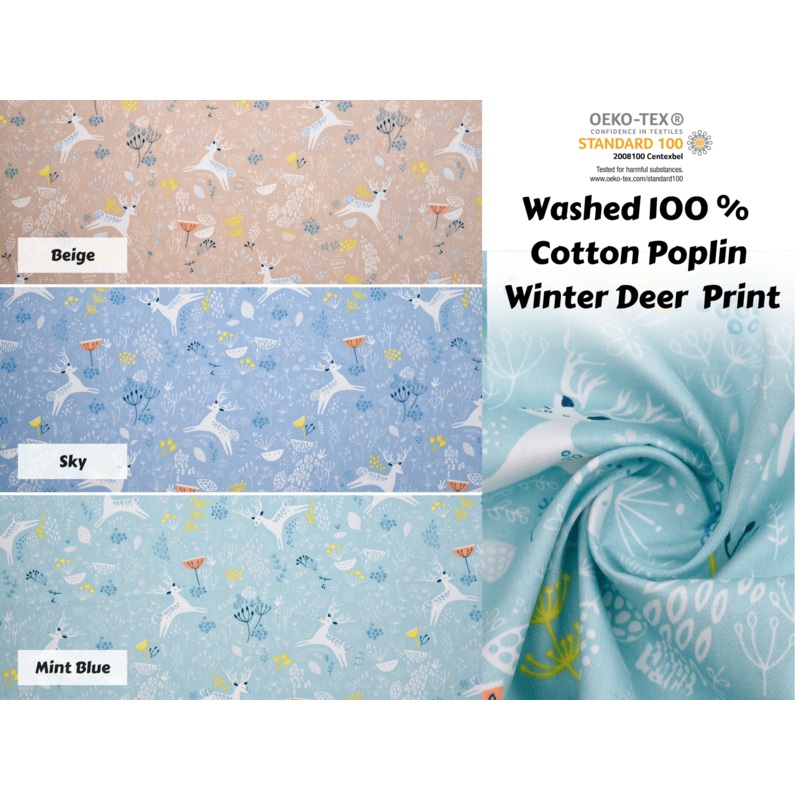 Washed 100 % Cotton Poplin, Winter Deer Print Fabric. GK - 007 Mint Blue - 1