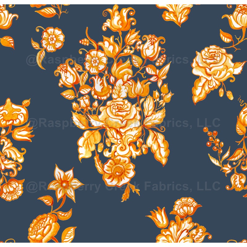 A hand-painted floral pattern inspired by traditional Portuguese azulejos. Delicate blossoms and leafy motifs unfold in rich yellow and tapestry color background.