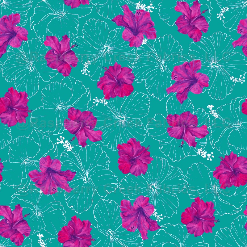 Big Watercolour Hibiscus Pattern Aqua Green And Pink Purple