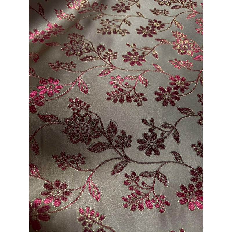 Champagne, Pink & Gold Flowers on Stems - Faux Silk Brocade Jacquard Fabric