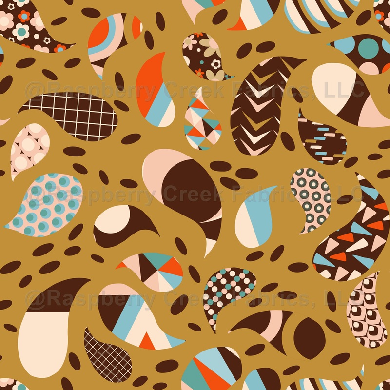Retro Patchwork Paisley Mustard Mid Century Modern Fabric