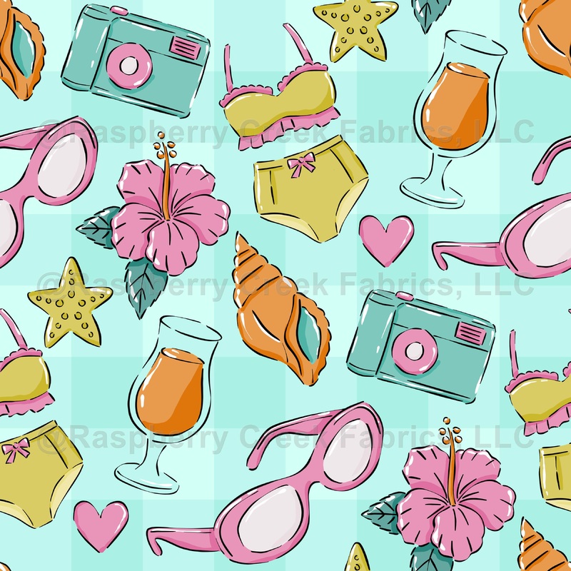 Summer Trinkets Pink Hibiscus Teal Camera Retro Beach Vibes