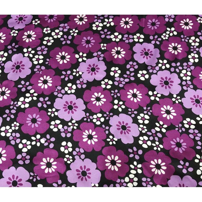 Purple Flowers on Black - Silk Charmeuse