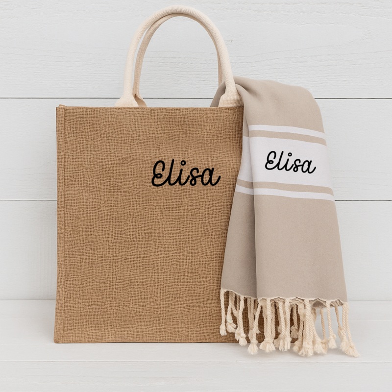 Personalized Beach Set - Jute Burlap Bag and Towel - Embroidered