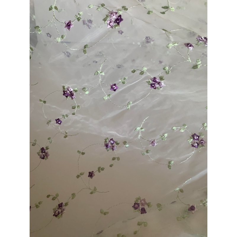 Purple Little Flower Buds on White Embroidered Organza Fabric