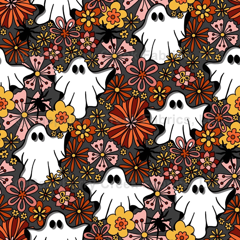 Retro Halloween Gray, Retro, Halloween, ghost, Spider, spooky Season, outline Flowers, floral, orange, black, red, Yellow, Pink, White, Kids clothing, maximalist, floral, vibrant, bright