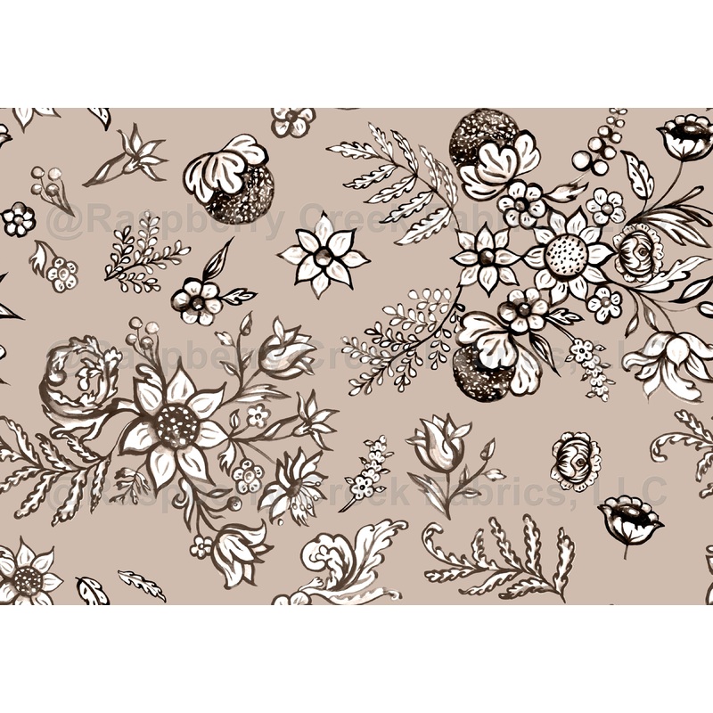 A hand-painted floral pattern inspired by traditional Portuguese azulejos. Buffed beige on the background with traditional elements in monochrome in brown.