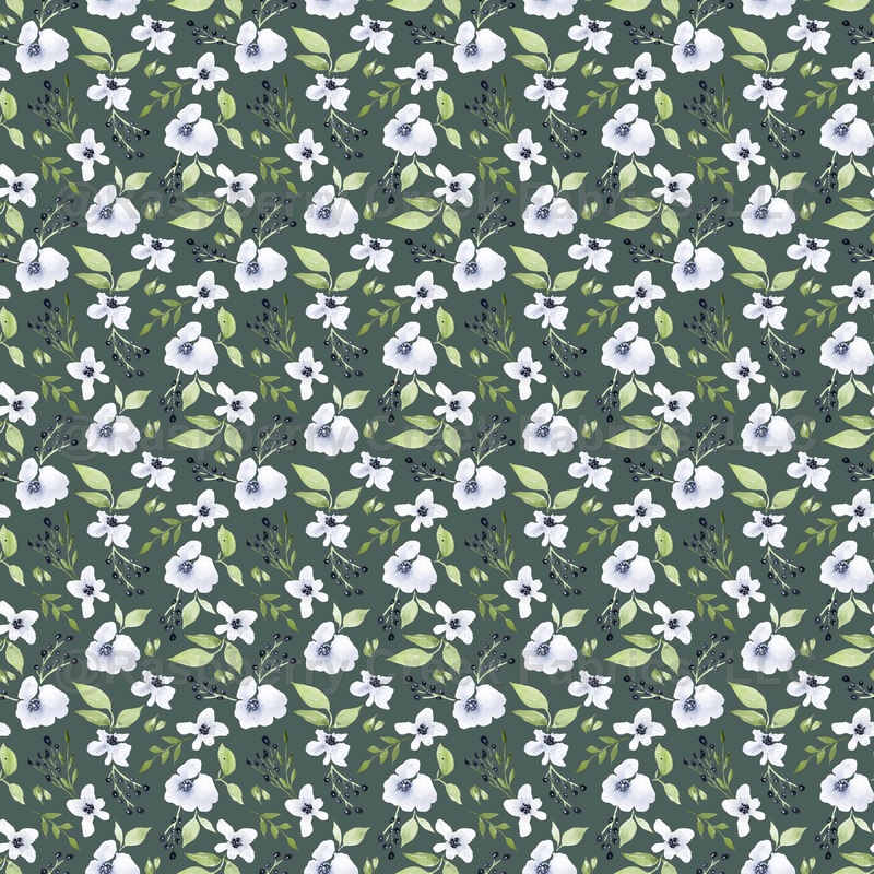 Scattered Heirloom Blooms in White and Gray on Olive Green