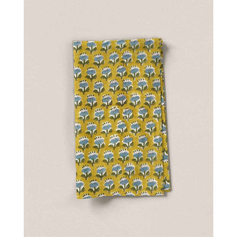 Blue and Mustard Bloom Block Print Cotton - 1 Yard Remnant