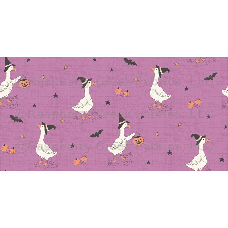 Storybook Style Enchanted Halloween Geese in Witch Hats on a Purple Linen Textured Background