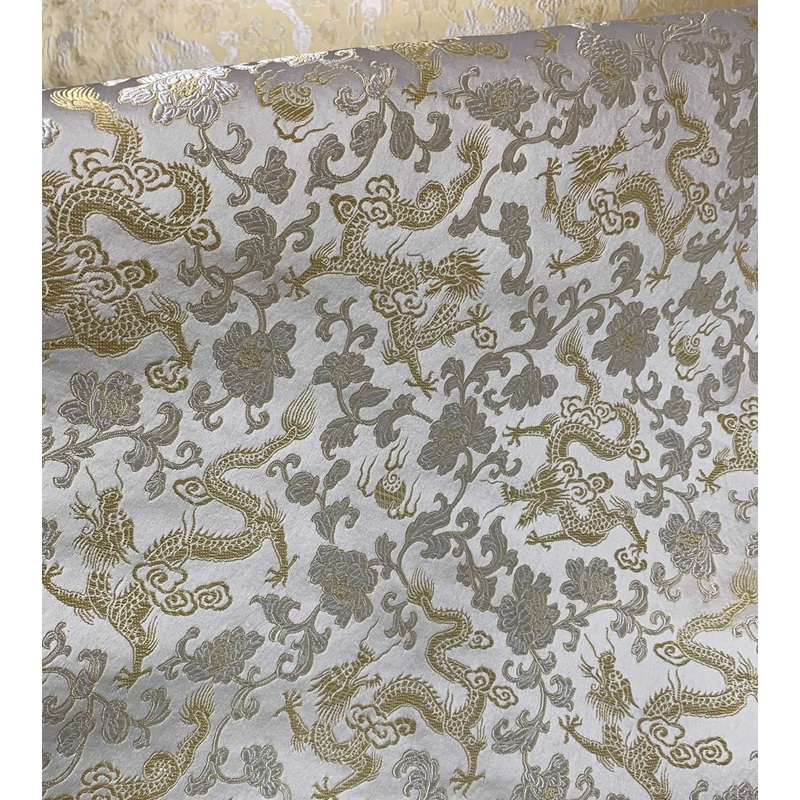 White with Gold Dragons - Silk Brocade Fabric