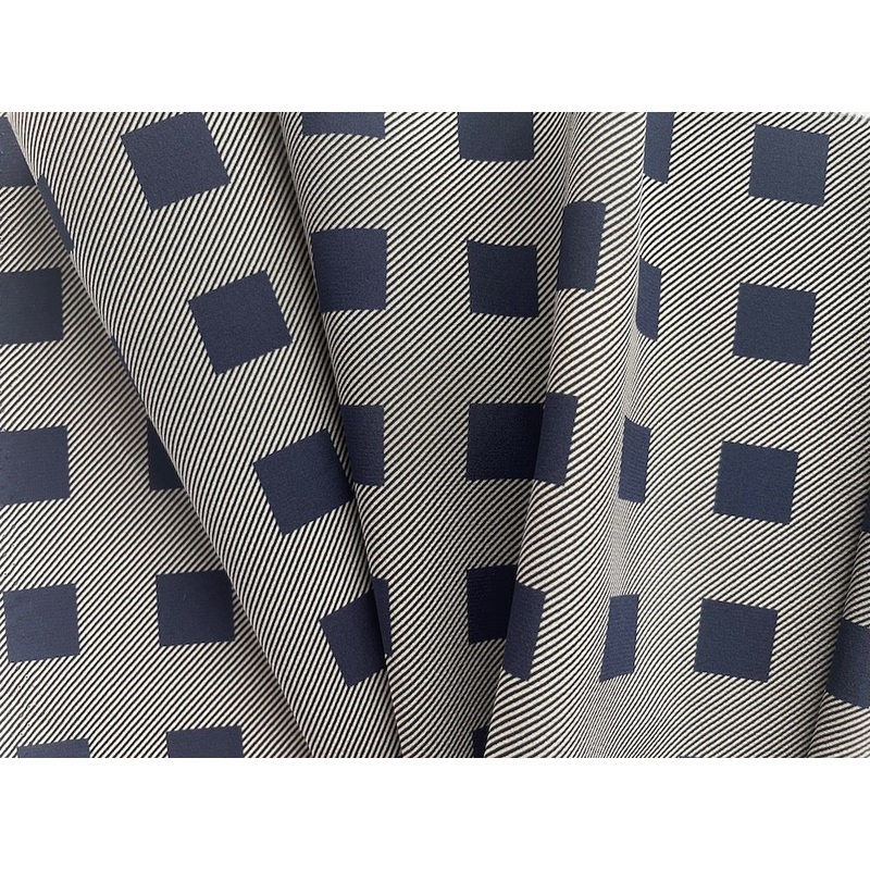 Couture Ivory & Navy Stone Gridded Silk Crepe de Chine (Made in Italy)