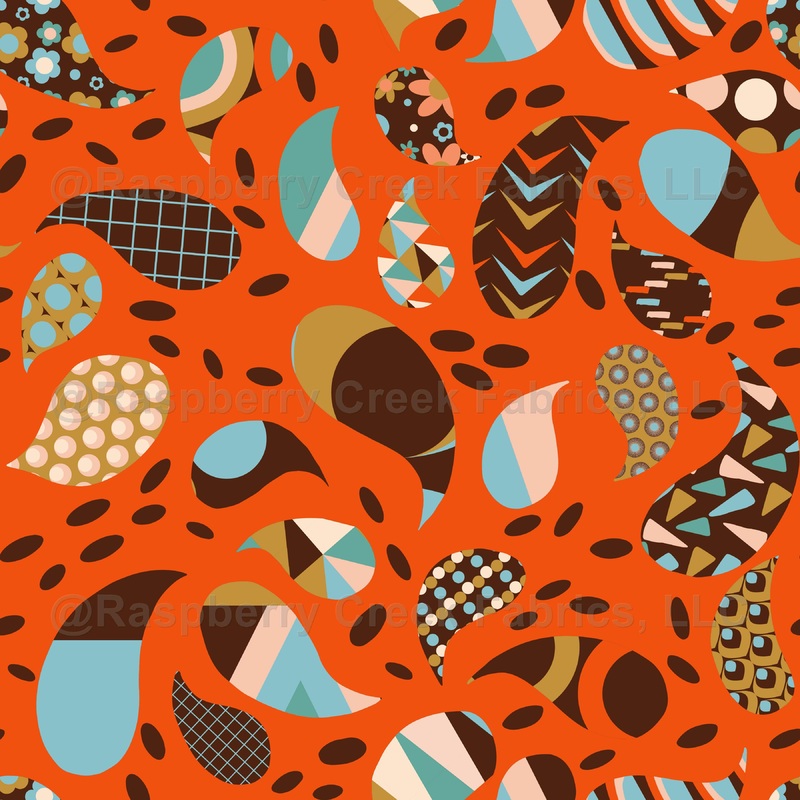 Retro Patchwork Paisley Orange Mid Century Modern Fabric