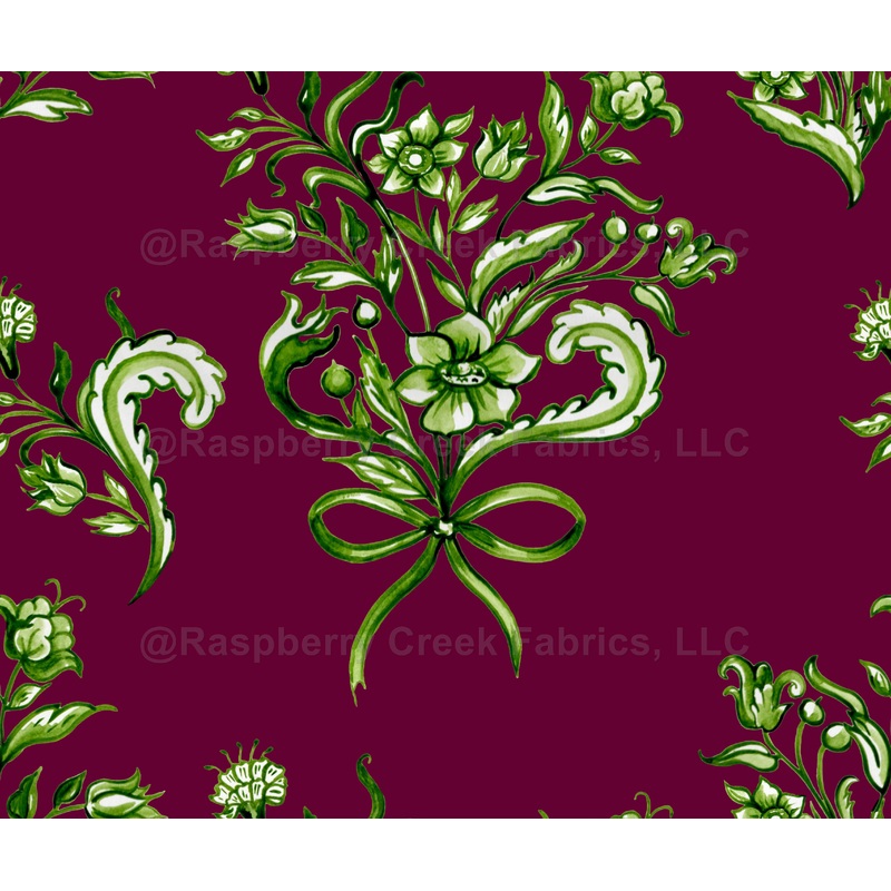 A hand-painted floral pattern inspired by traditional Portuguese azulejos. Delicate blossoms and leafy motifs unfold in rich green and burgundy color background.