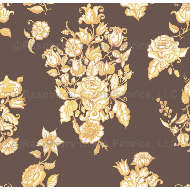 A hand-painted floral pattern inspired by traditional Portuguese azulejos. Delicate blossoms and leafy motifs unfold in rich yellow and coffe quatrz color background.