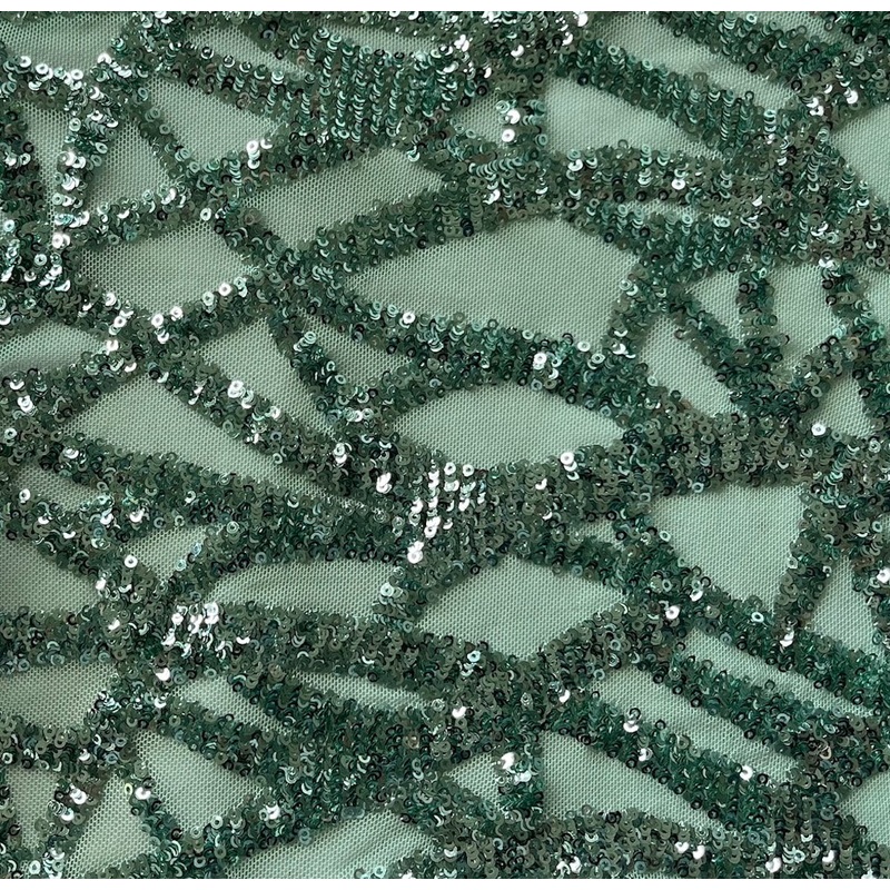 Sequined Minty Seaweed Fronds Stretch Nylon Blend Mesh (Made in Korea)