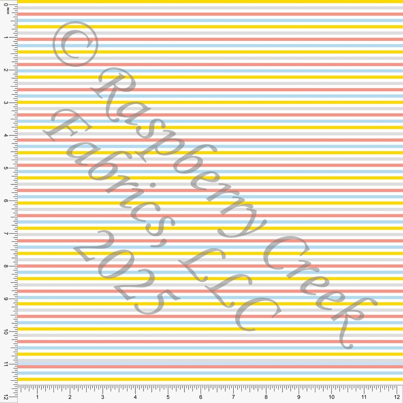 Yellow Coral Light Blue and Grey Multi Stripe Fabric, Fabric, Hop Into Spring By Diana Rammell for CLUB Fabrics
