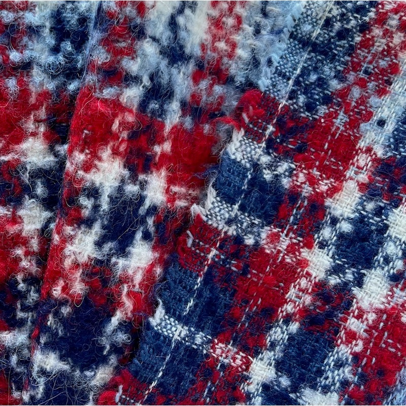 Mid-Weight Fuzzy Plaid Cherry, Ice & Navy Wool Blend Boucl (Made in Italy)