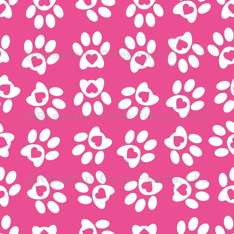 Paws Pattern, Dog Paws, Cat Paws, White Paws With Hearts on Pink Background