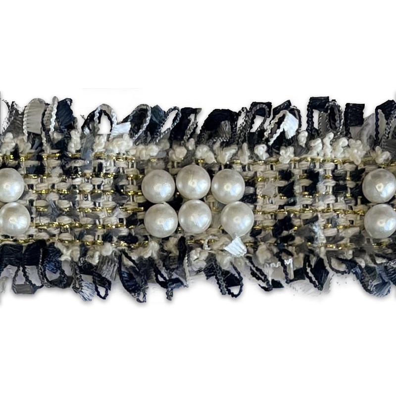 1 1/4" Midnight Navy & Gold Metallic Pearled Trim (Made in France)