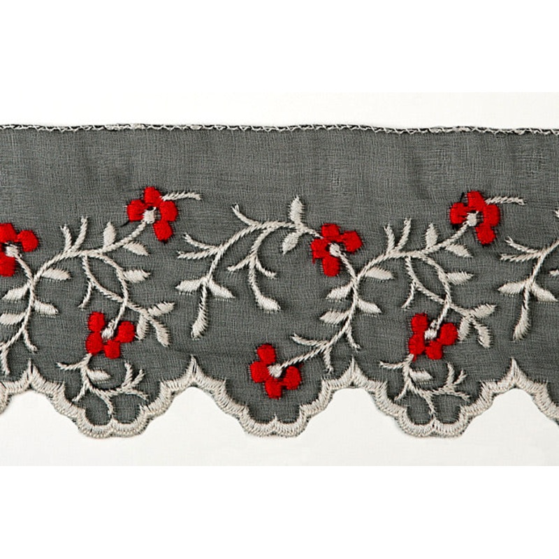 3" Black & Carmine Floral Embroidered Silk Organza Edging Trim