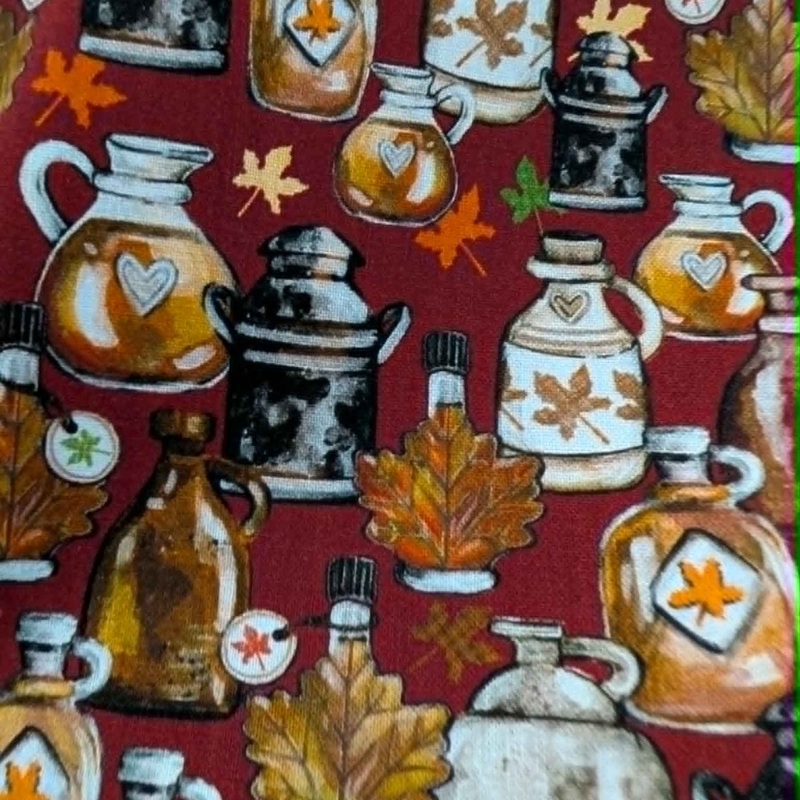 Autumn Maple Syrup Jugs & Leaves Cotton Fabric Rustic Print