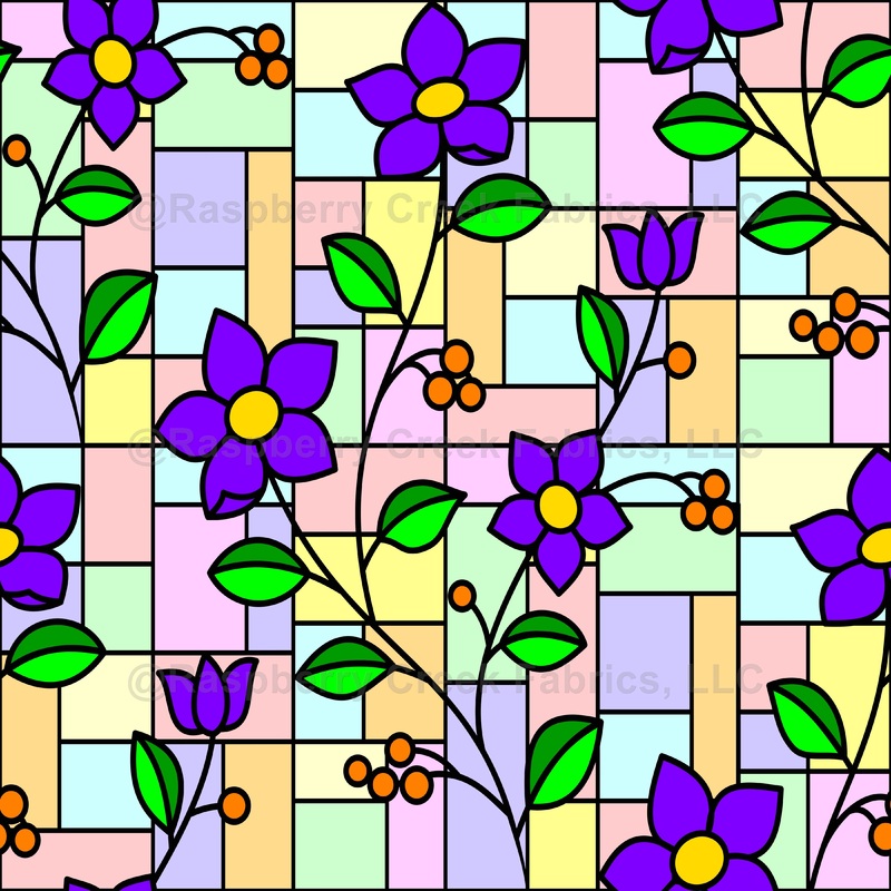 Purple Flowers, Floral Pattern, Colorful Mosaic, Stained Glass