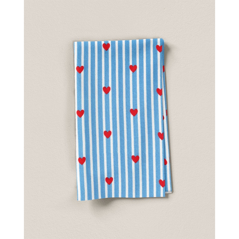 Blue Stripe Red Heart Block Print Cotton