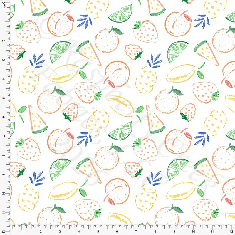 Yellow Salmon Orange Green Periwinkle Fruit Breeze Fabric, Juicy Summer by Nice To Michiyo Designs for CLUB Fabrics