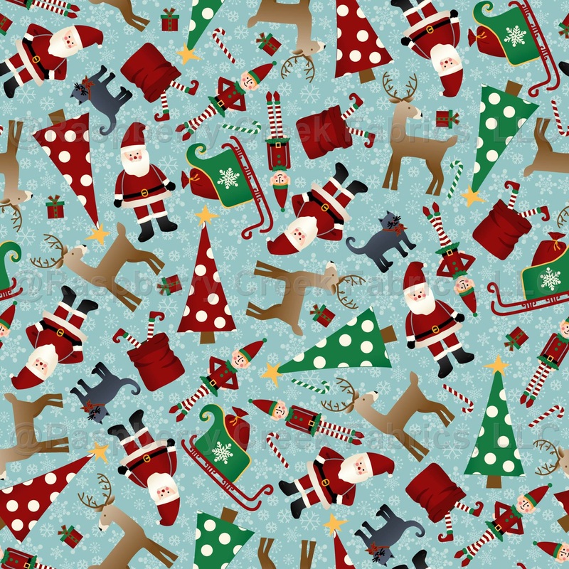 Santa Elf and Reindeer Tossed on Blue Snowflake Background for Christmas