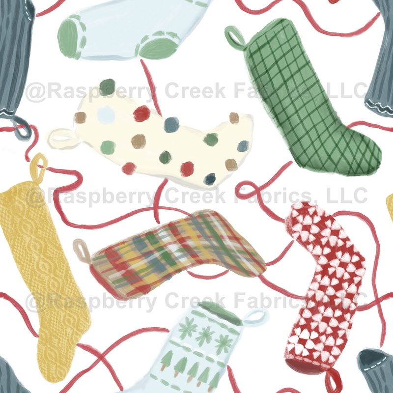 Stockings, kids, family, Christmas, holiday, winter, whimsical, hand drawn, red, white, green, blue, yellow