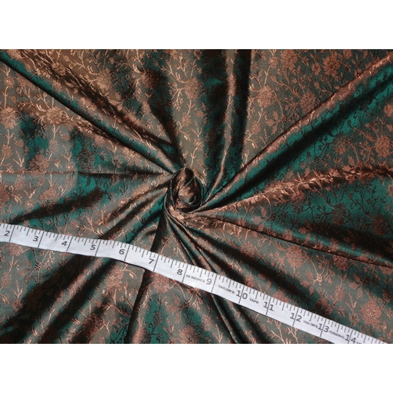 SILK BROCADE FABRIC GREEN X GOLDEN BROWN COLOR 44"INCH