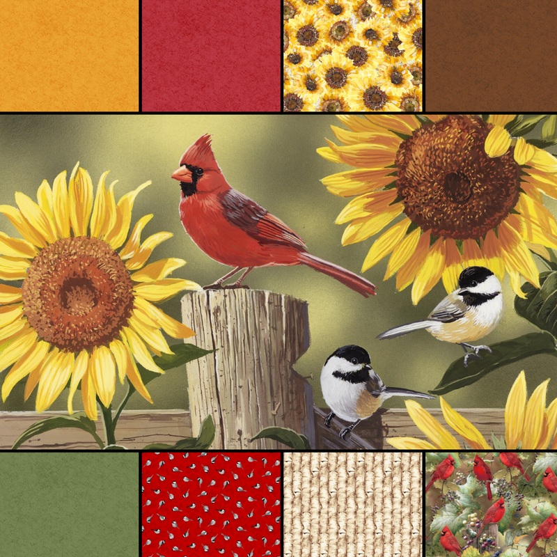 Sunflower & Birds Panel by David Textiles with coordinating prints 9 Piece Fabric Bundle - (FQ, 1/2 yard & 1 yard bundles)