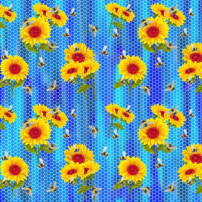 Sunflowers Blue Honeycomb Sykel Enterprises Cotton Fabric SYK-10358-Blue