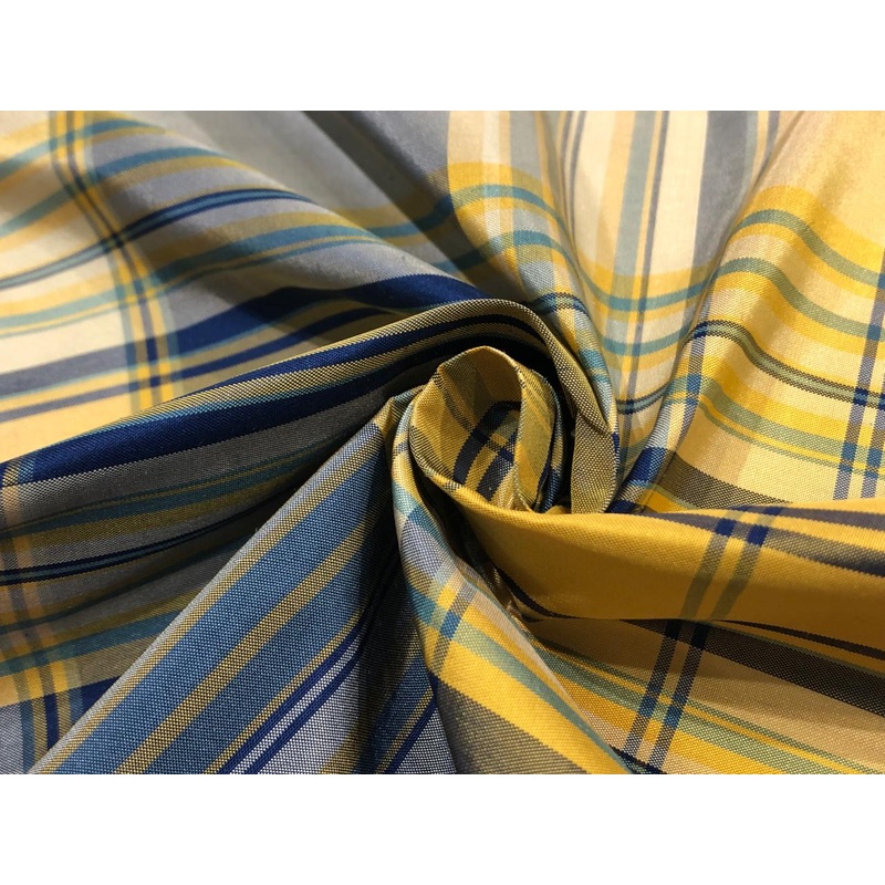 100% PURE SILK TAFFETA FABRIC PLAIDS ROYAL BLUE and shades of YELLOW 54"wide TAFNEWC9roll