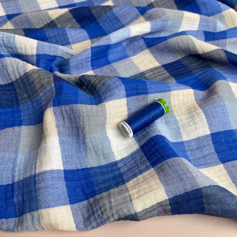 REMNANT 0.64 Metre - Checked Cobalt Cotton Double Gauze
