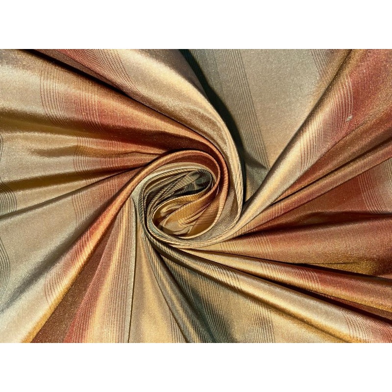 100% Silk Taffeta Fabric Brown,Green & Gold stripes 54" wide TAFS#20
